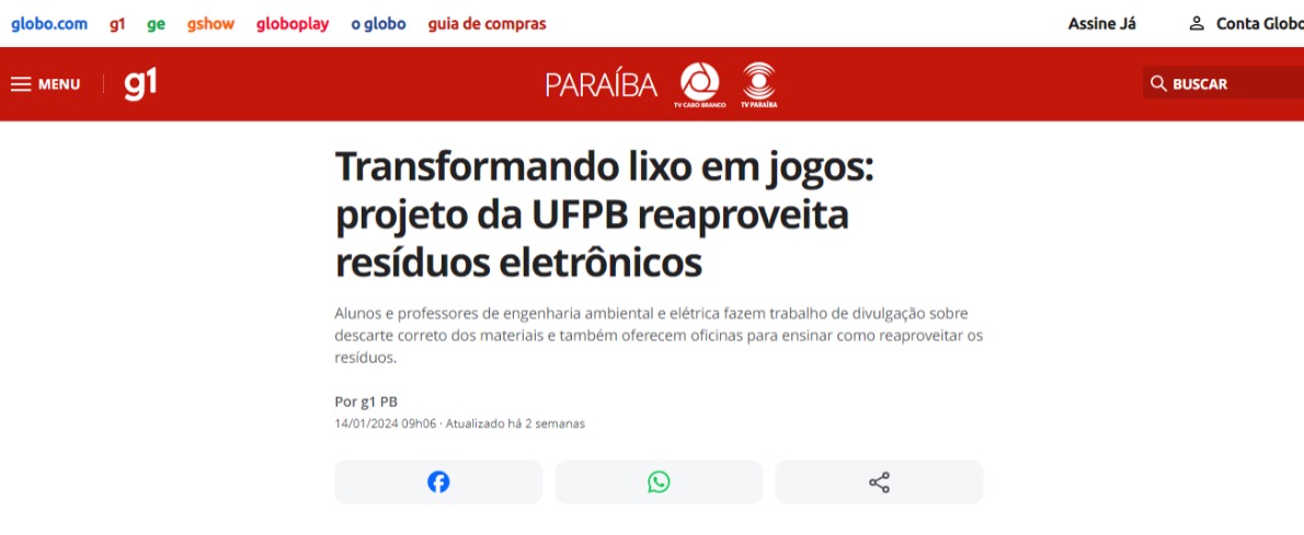Projeto foi destaque no G1 Paraíba